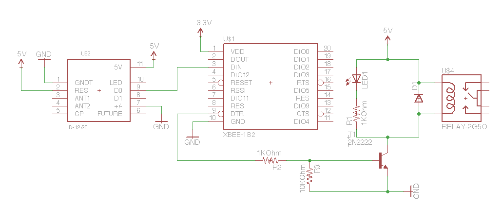 Schematic for the Controller. Notice the XBee, the RFID reader and the control circuit for the door lock.