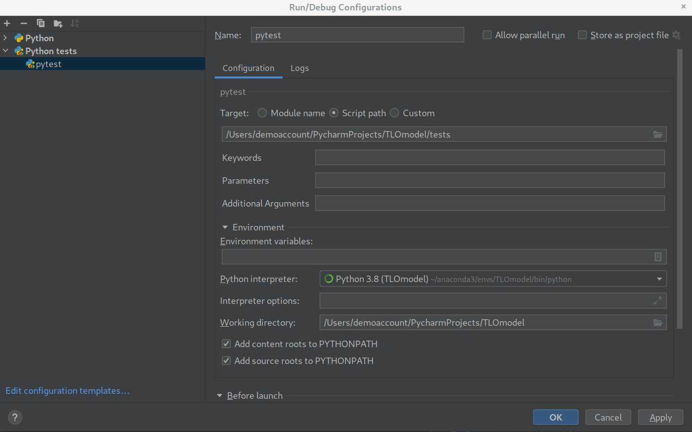 Configured pytest